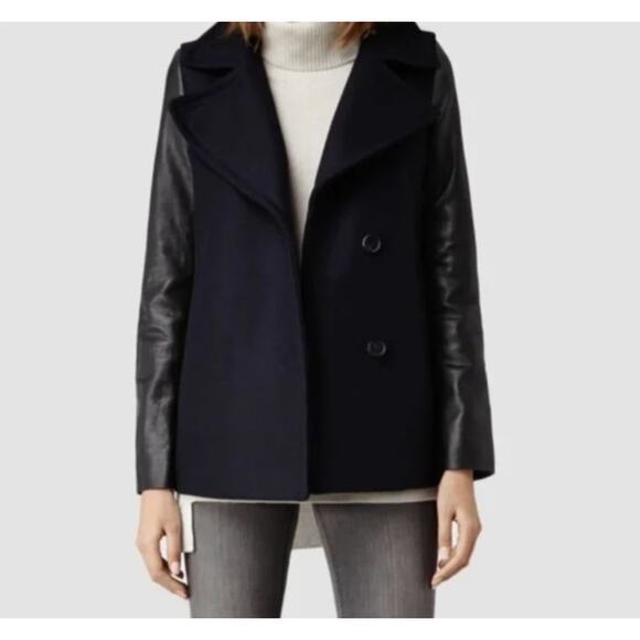 AllSaints Wool Jacket Ishba Black Leather Pea Coat Sz US 4 Great Condition - Picture 1 of 8